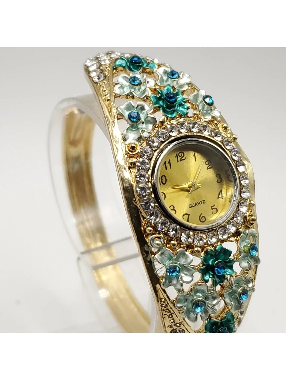 Crystal Floral Watch Women 25mm Gold Tone Green Blue Gold Tone Bangle New Batter